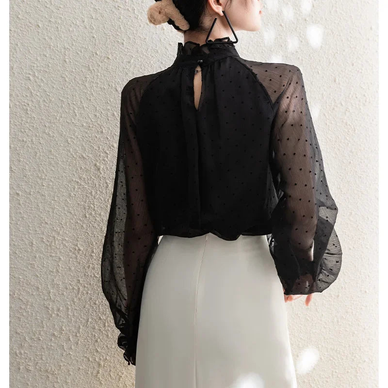 Polka Dot Chiffon Stand Collar Autumn Blouse blouse-250126