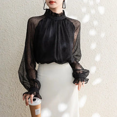 Polka Dot Chiffon Stand Collar Autumn Blouse Black / S blouse-250126
