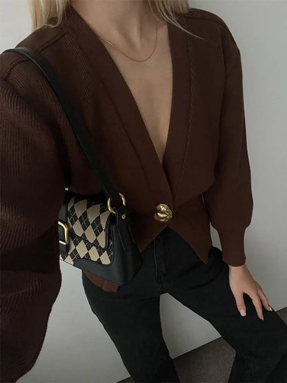 Elegant Brown Metal Button V Neck Long Sleeve Loose Outwear High Streetwear Cardigan