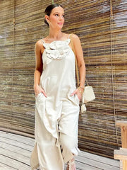 Cotton Linen Split 3D Flower Solid Sling Maxi Dress floraldress-250126