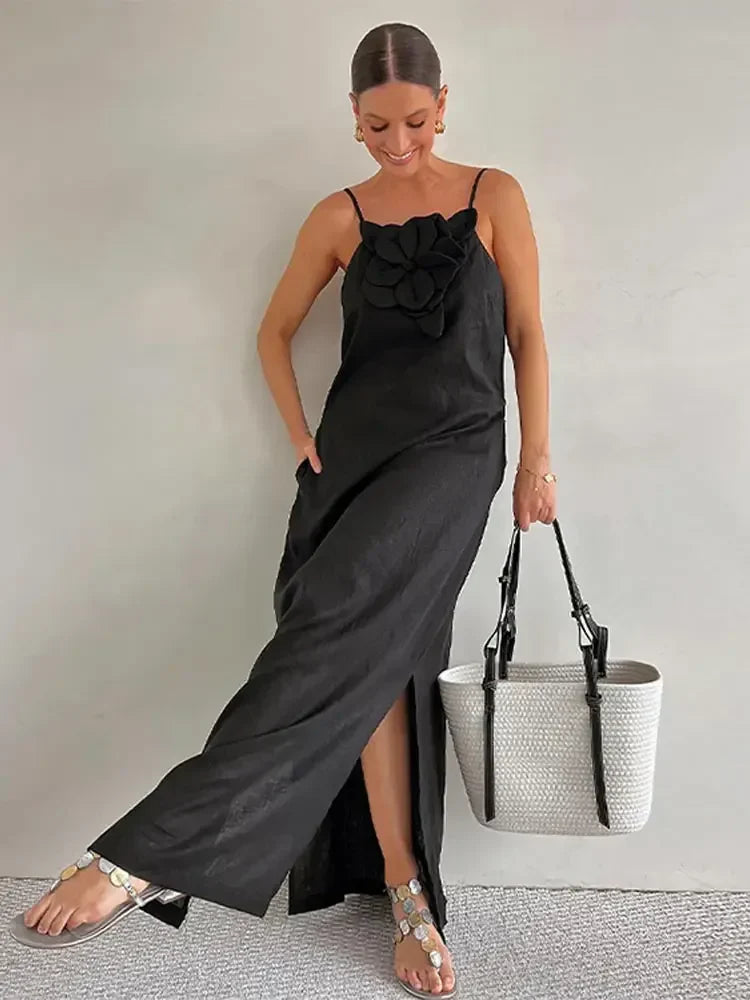 Cotton Linen Split 3D Flower Solid Sling Maxi Dress Black / S floraldress-250126