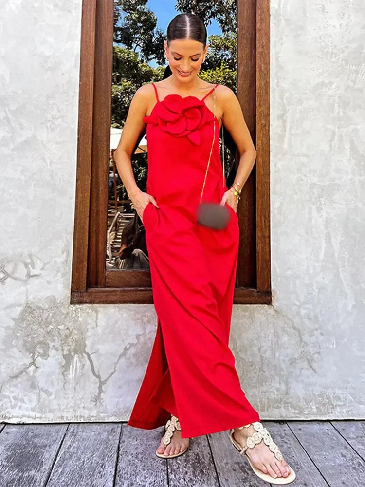 Cotton Linen Split 3D Flower Solid Sling Maxi Dress Red / S floraldress-250126