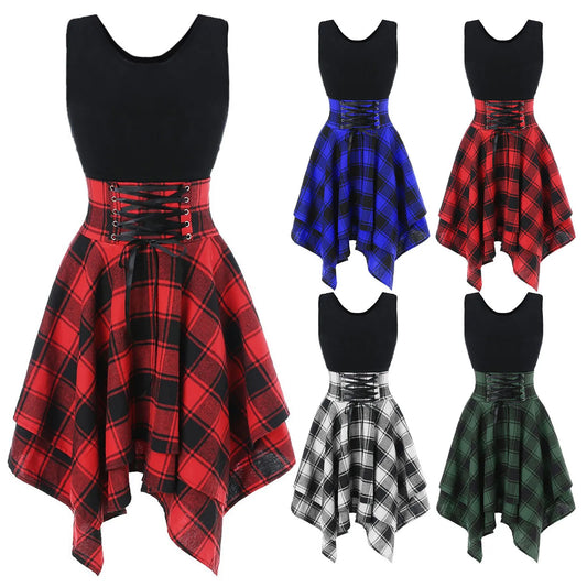 JuliaFashion - Elegant Lace Up Party Summer Preppy Cross Up Plaid Mini Holiday For Woman Gothic Clothing Sun Vestidos Dress