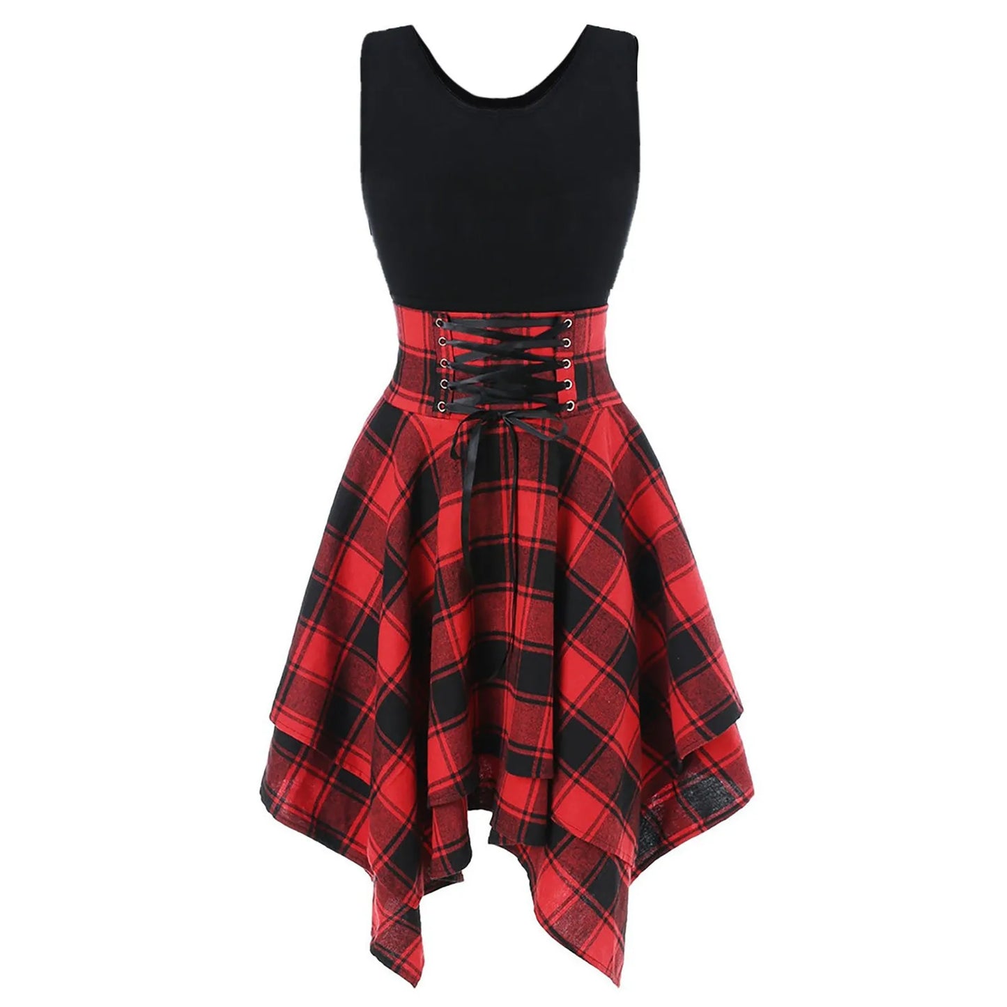 JuliaFashion - Elegant Lace Up Party Summer Preppy Cross Up Plaid Mini Holiday For Woman Gothic Clothing Sun Vestidos Dress