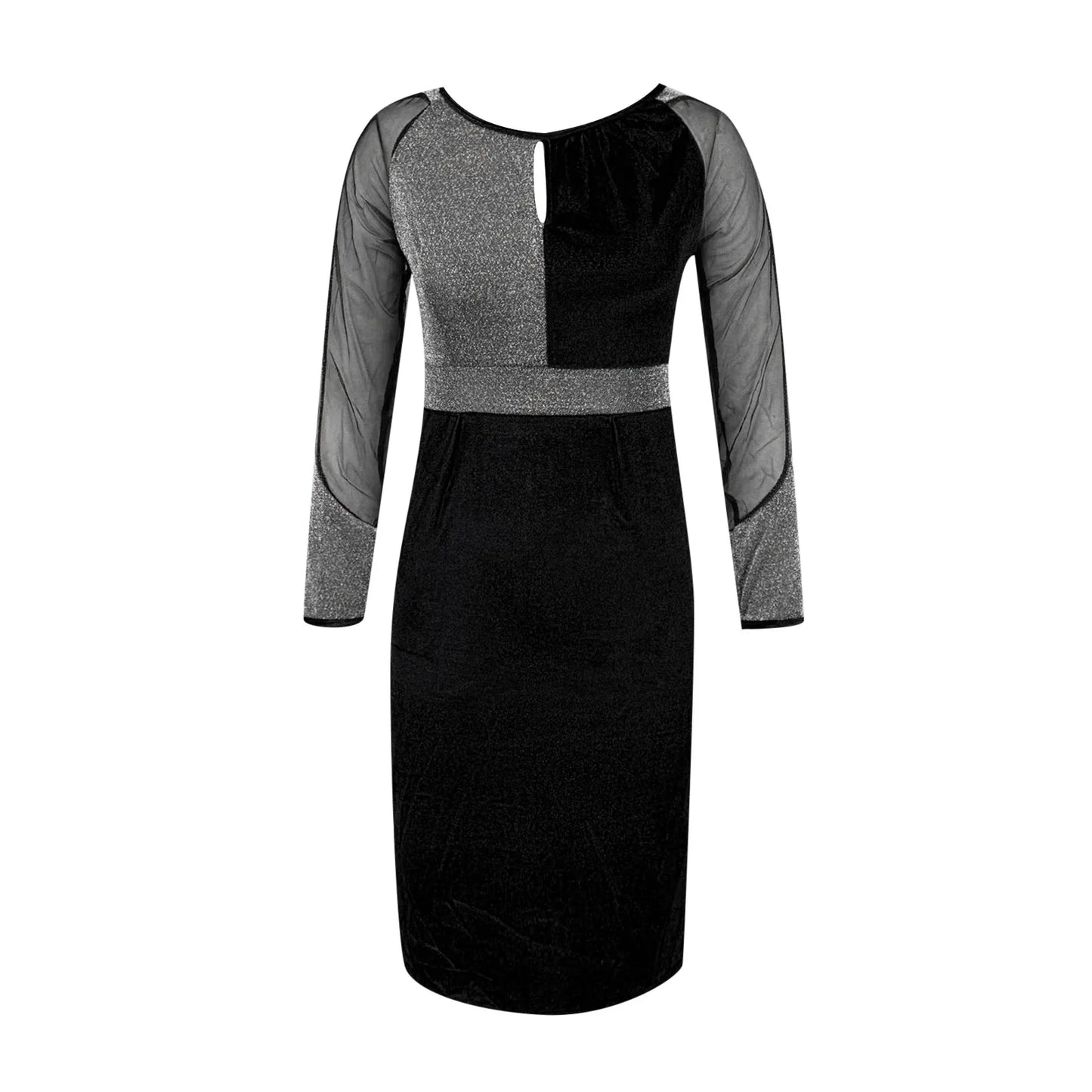 JuliaFashion - Elegant Office Lady Mini Round Neck Stitching Mesh High Waist Slim Long Sleeve Hip 2024 Spring Summer Woman Dress