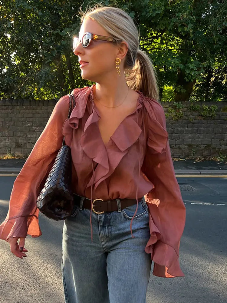 Flared Sleeve Cropped Blouse blouse-250223