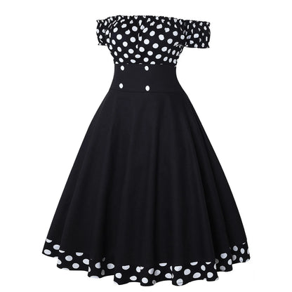JuliaFashion - Elegant Vintage Hepburn Women Black Red Off Shoulder Sleeveless A-Line Female Retro Rockabilly 50s Polka Dot Dress