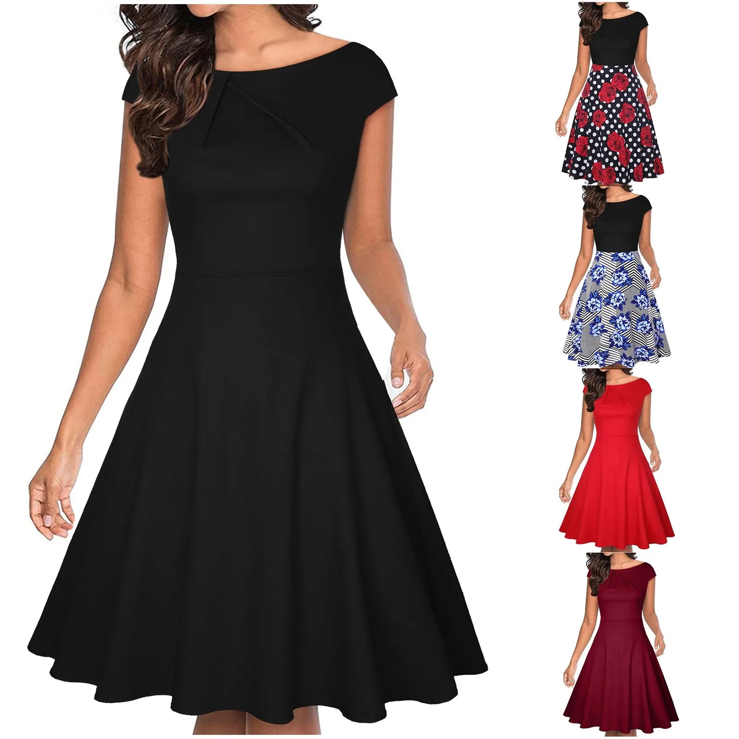 JuliaFashion - Elegant Wedding Party Women'S Cocktail Swing Guest Sleeve Short A-Line Women's Summer V Neck For Women Dress