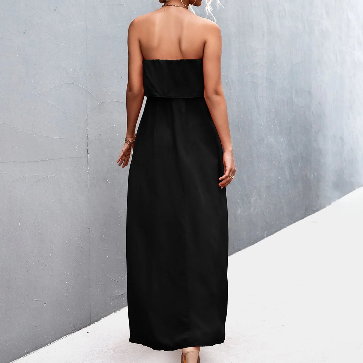 JuliaFashion - Elegant Women Bandeau Long 2024 Woman Summer Casual Sleeveless Tube Beach Solid Color Fashion Slit Loose Maxi Dress