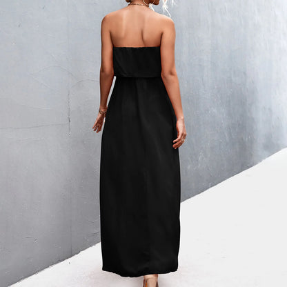 JuliaFashion - Elegant Women Bandeau Long 2024 Woman Summer Casual Sleeveless Tube Beach Solid Color Fashion Slit Loose Maxi Dress