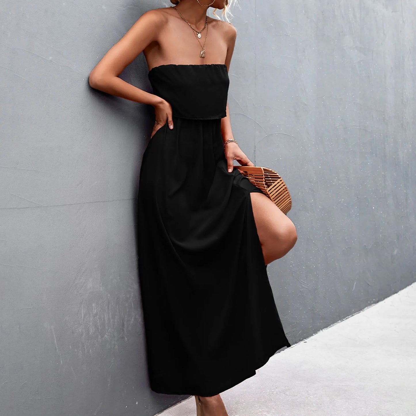 JuliaFashion - Elegant Women Bandeau Long 2024 Woman Summer Casual Sleeveless Tube Beach Solid Color Fashion Slit Loose Maxi Dress