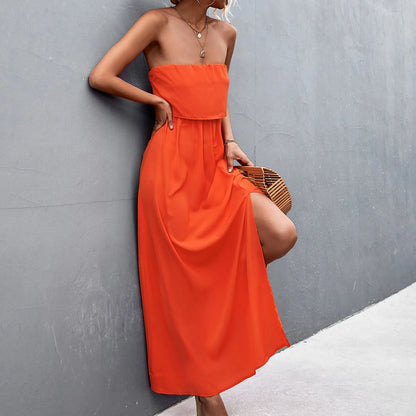 JuliaFashion - Elegant Women Bandeau Long 2024 Woman Summer Casual Sleeveless Tube Beach Solid Color Fashion Slit Loose Maxi Dress