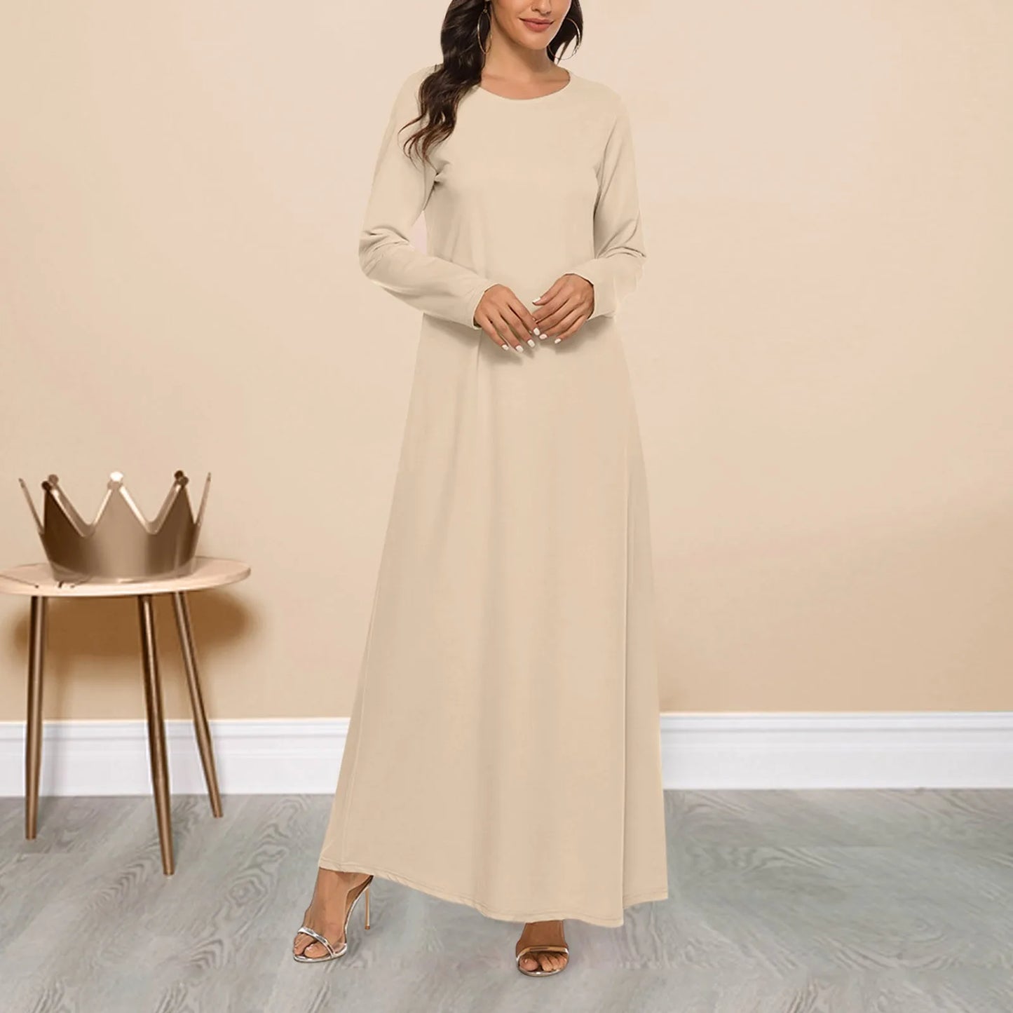 JuliaFashion - Elegant Long 2024 Casual Solid Color Loose Muslim Abaya Islamic Round Neck Long Sleeve Under Dress