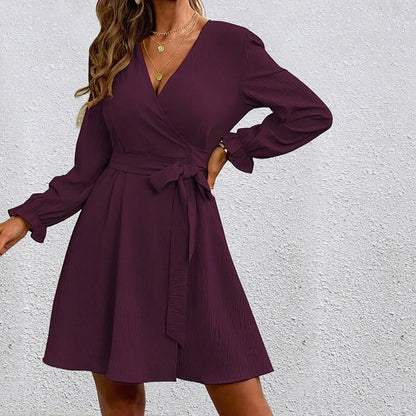 JuliaFashion - Elegant Women Long Sleeve 2024 Wrap V Neck Loose Midi Autumn Solid Color Belt Waist Swing Party Vestidos Dress