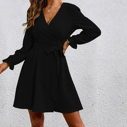 JuliaFashion - Elegant Women Long Sleeve 2024 Wrap V Neck Loose Midi Autumn Solid Color Belt Waist Swing Party Vestidos Dress