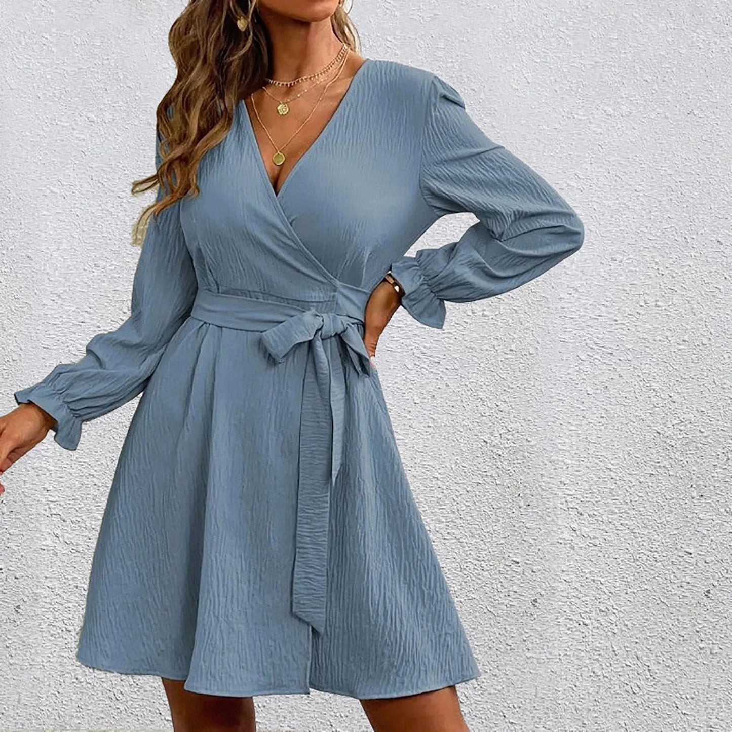 JuliaFashion - Elegant Women Long Sleeve 2024 Wrap V Neck Loose Midi Autumn Solid Color Belt Waist Swing Party Vestidos Dress