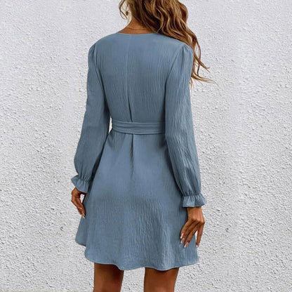 JuliaFashion - Elegant Women Long Sleeve 2024 Wrap V Neck Loose Midi Autumn Solid Color Belt Waist Swing Party Vestidos Dress