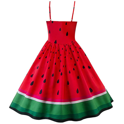 JuliaFashion - Elegant Women Sling Party Cocktail Prom Watermelon Print Big Swing High Waist Spaghetti Strap Fashion Casual Dress