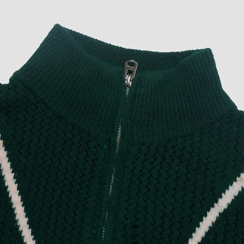 Fashion Color Blocked Retro Dark Green Zipper Half Open Christmas Sweater Sweaters-L