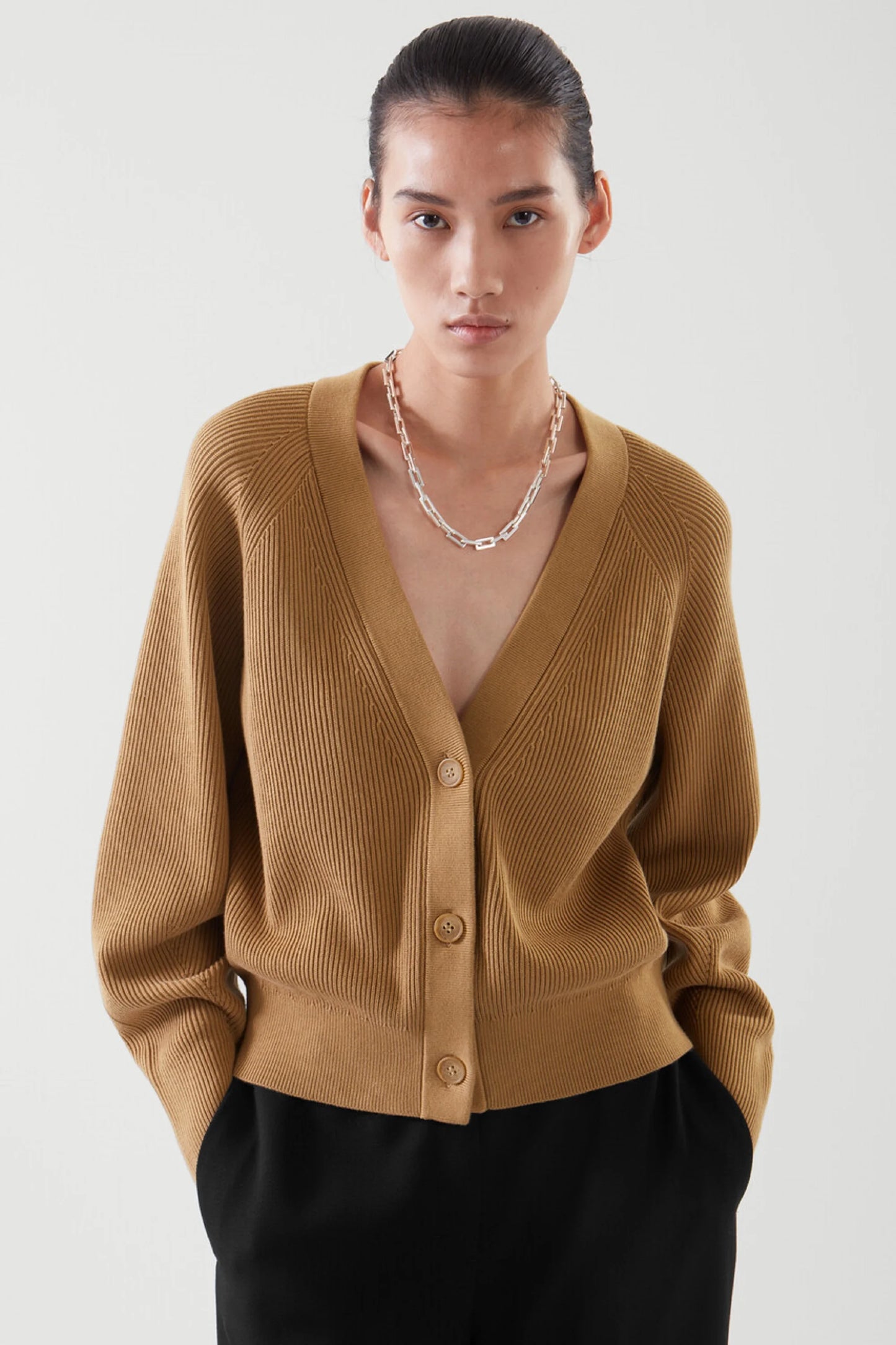 Casual V-neck Ribbed Bat-sleeve Cardigan