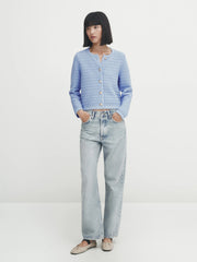 Lady Gold Button Short Textured Cardigan