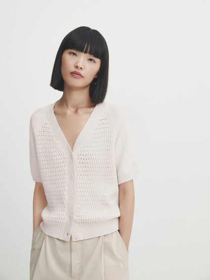 Commuter Style Crocheted V-neck Short Cardigan