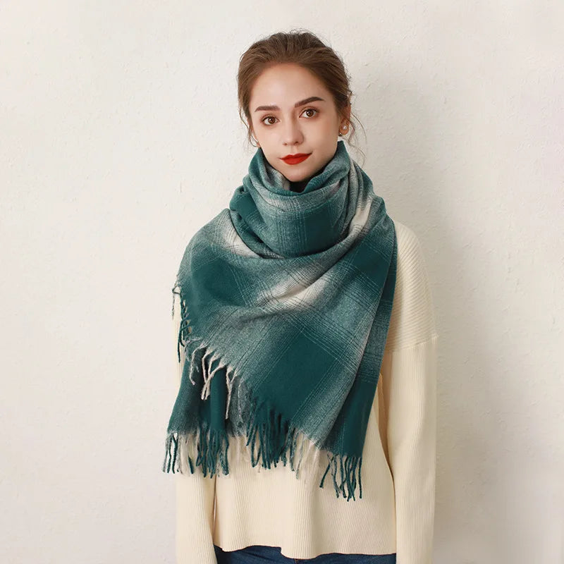 Europe Gradient Plaid Acrylic Cashmere Long Muffler Scarf Dark Seagreen / L200Cm W84Cm Scarfs-L