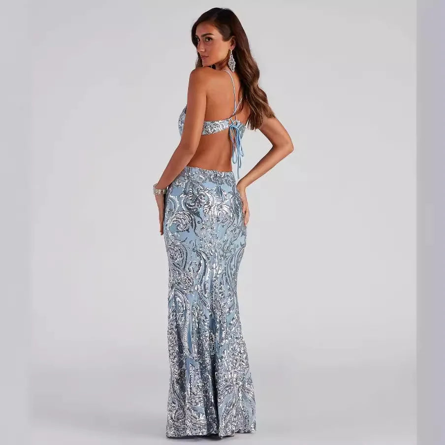 V-Neck Sequined Party Dress Partydress-241208