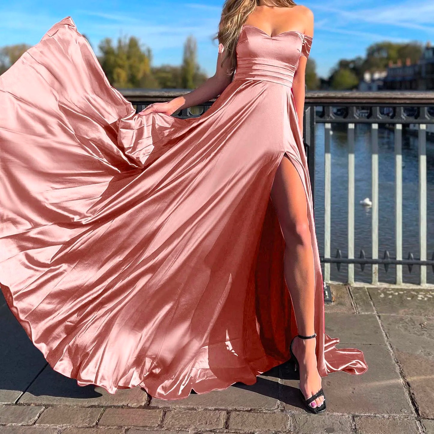 JuliaFashion - Evening Party Long Satin Off Shoulder Bridesmaid Off Shoulder Fluffy Ruffle High Slit Long Formal Dress