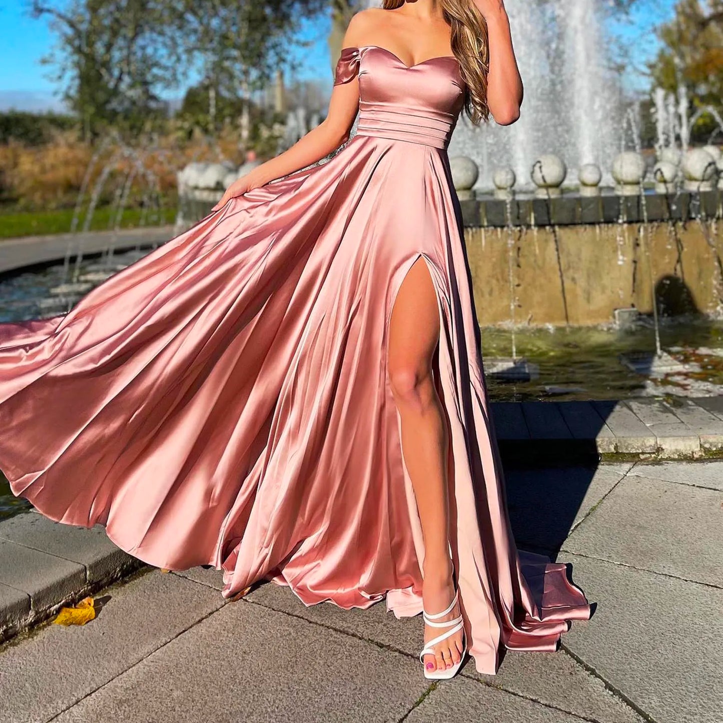 JuliaFashion - Evening Party Long Satin Off Shoulder Bridesmaid Off Shoulder Fluffy Ruffle High Slit Long Formal Dress