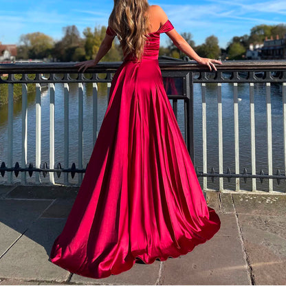 JuliaFashion - Evening Party Long Satin Off Shoulder Bridesmaid Off Shoulder Fluffy Ruffle High Slit Long Formal Dress