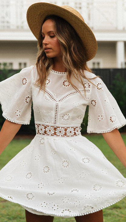 Eyelet Embroidery Backless Hollow Out Cutout Tassel Cotton-like Dress for