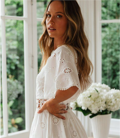 Eyelet Embroidery Backless Hollow Out Cutout Tassel Cotton-like Dress for