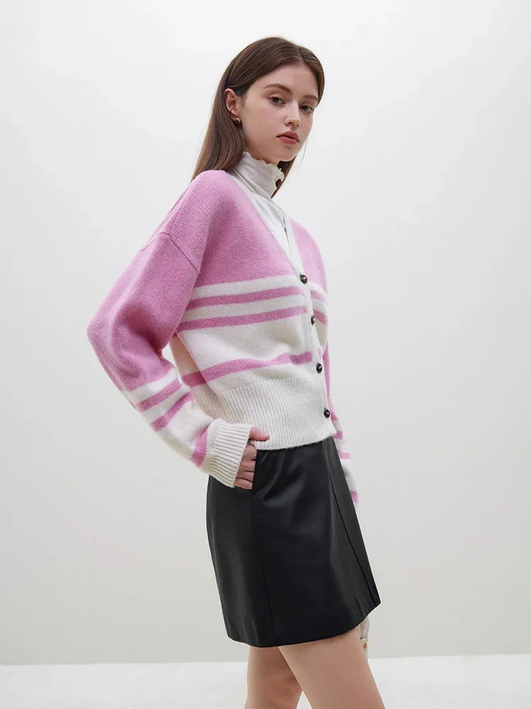 Wool Pink Stripe Design V-Neck Sweet Short Drop Sleeve Cardigan