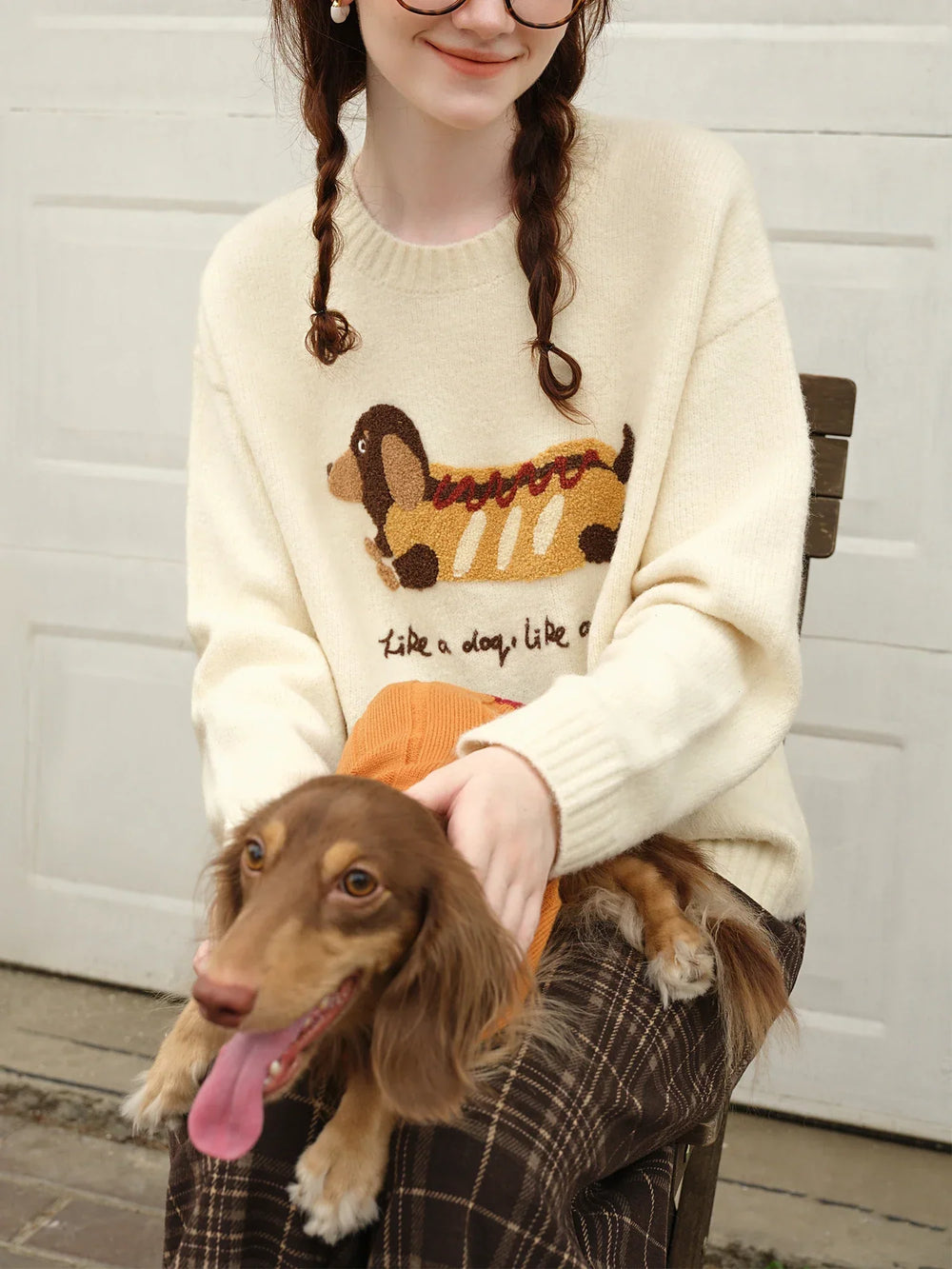 Embroidered Round Neck Drop Sleeve Sweater Beige / XS