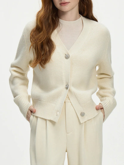Elegant V-Neck Wool Knitted Cardigan Beige / Xs Cardigan-241208
