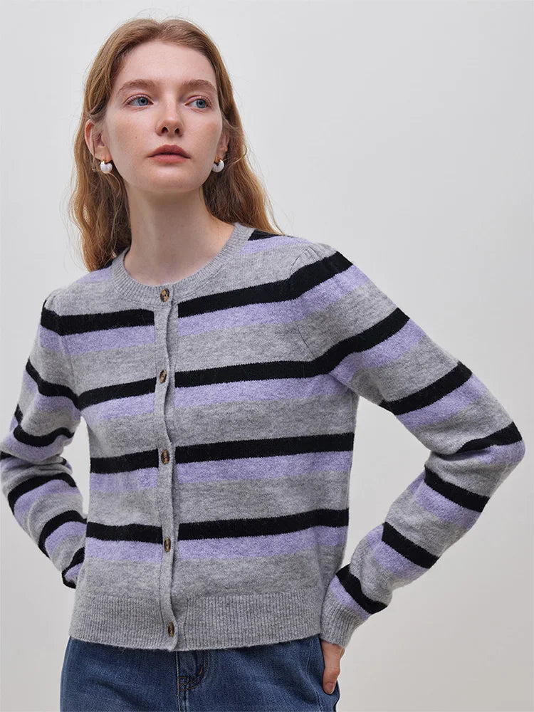 Contrasting Color Striped Round Neck Knitted Cardigan