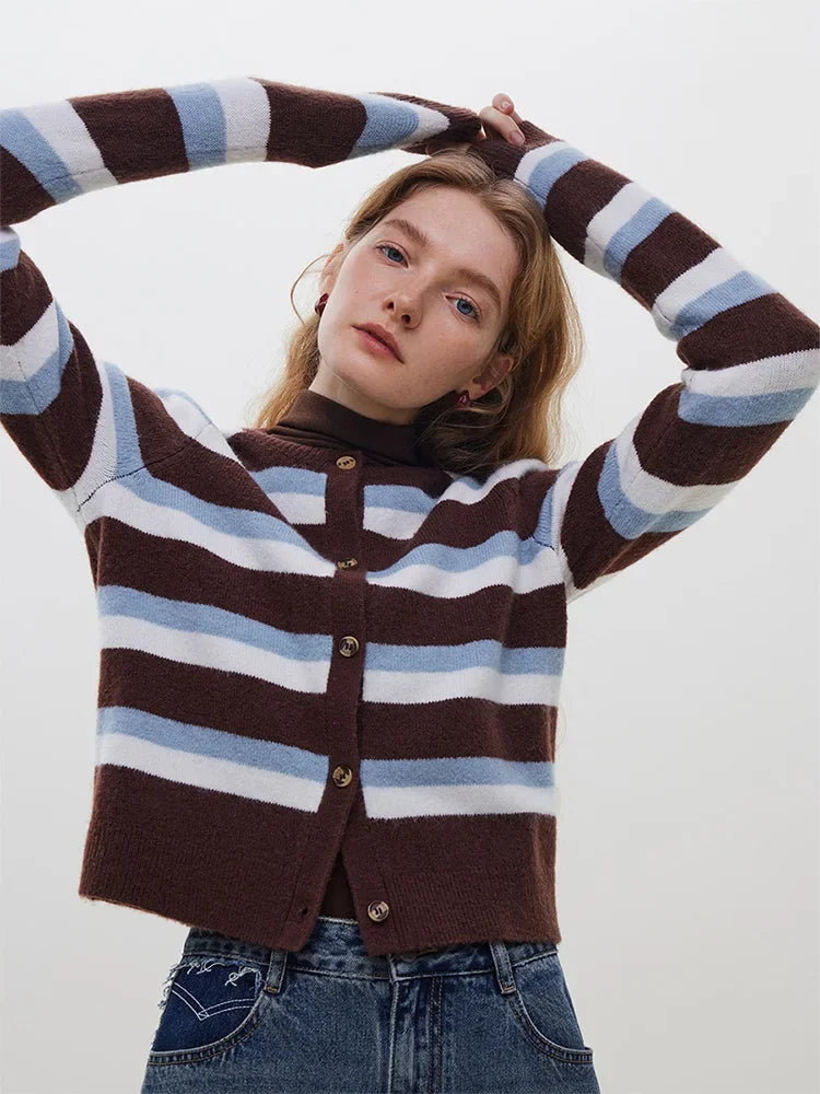 Contrasting Color Striped Round Neck Knitted Cardigan