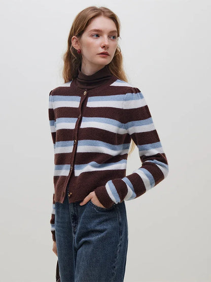 Contrasting Color Striped Round Neck Knitted Cardigan