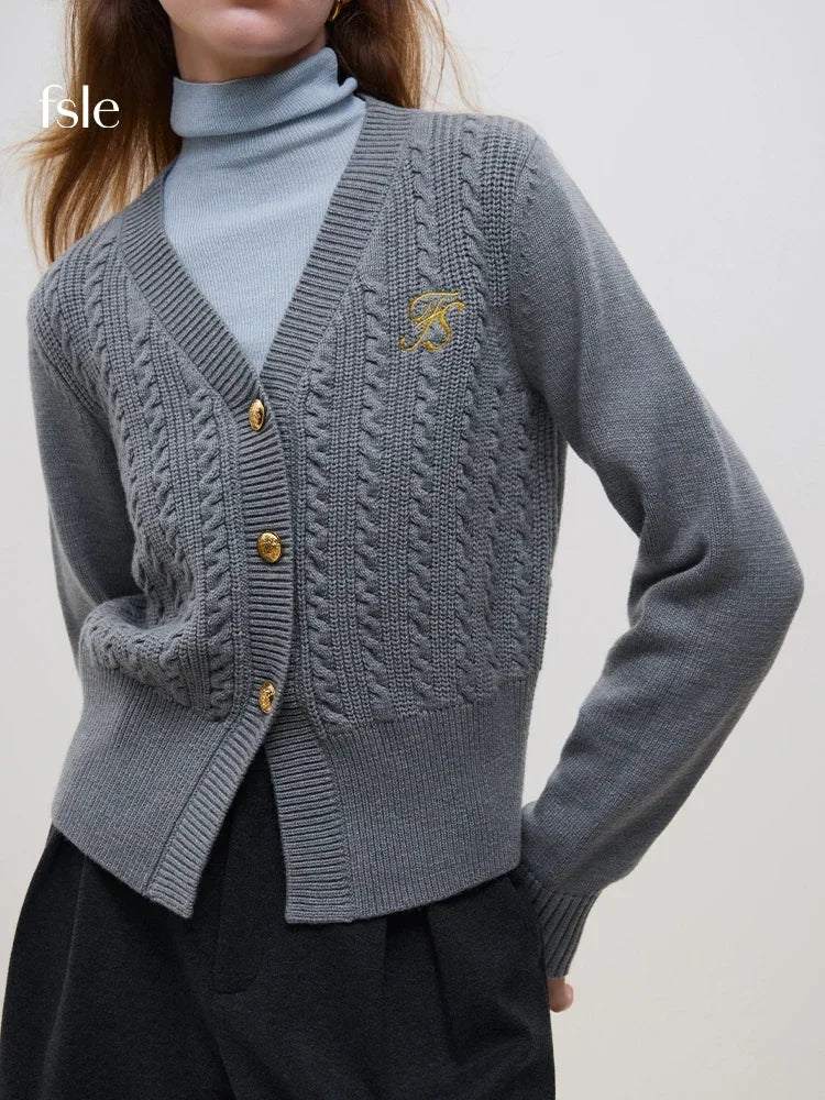 Fashionable College Style Embroidered V-neck Cable Sweater Cardigan