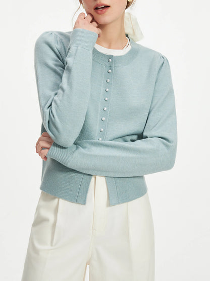 Pearl Button Long-sleeved Elegant Versatile Round Neck Cardigan