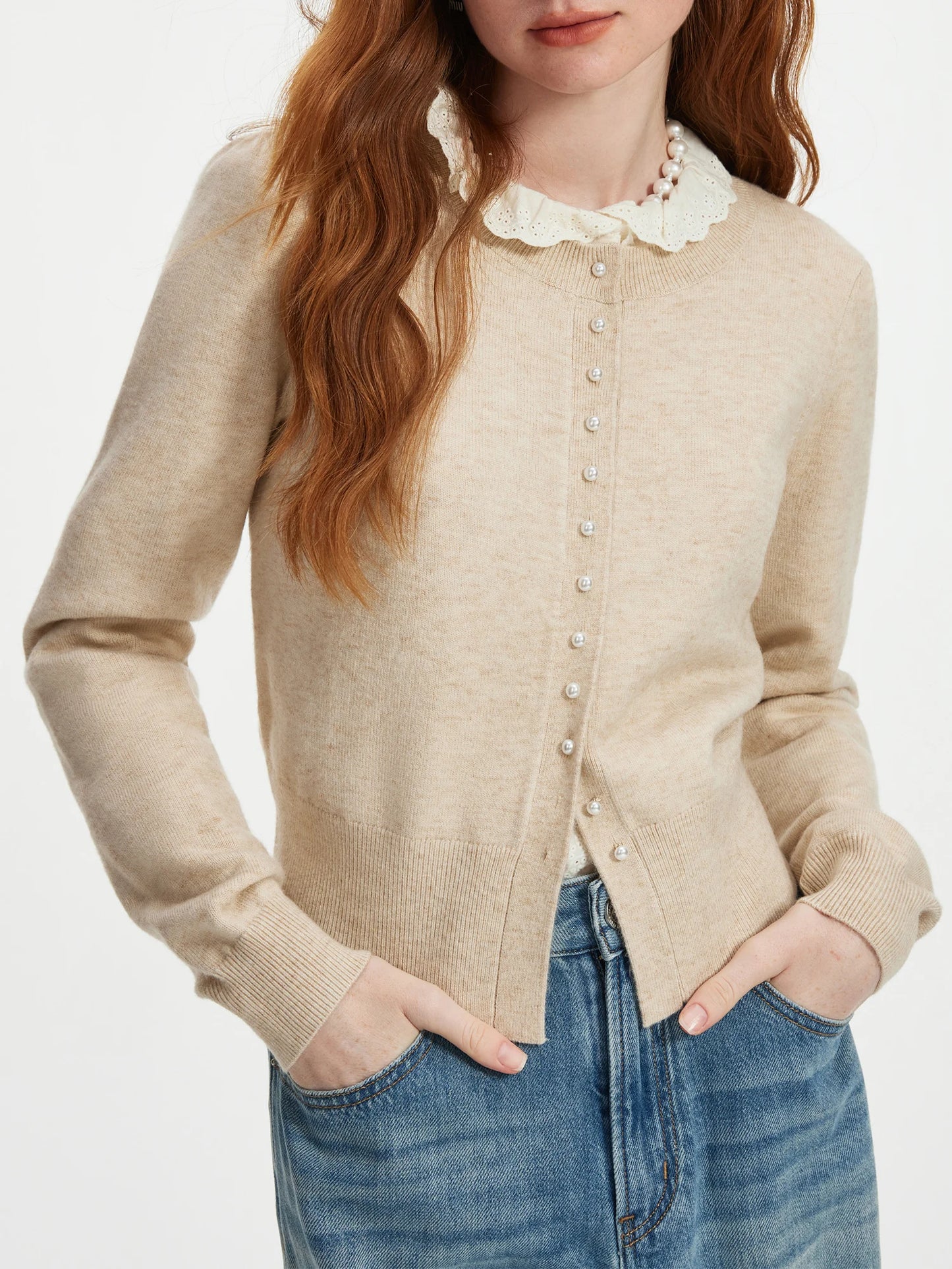 Pearl Button Long-sleeved Elegant Versatile Round Neck Cardigan