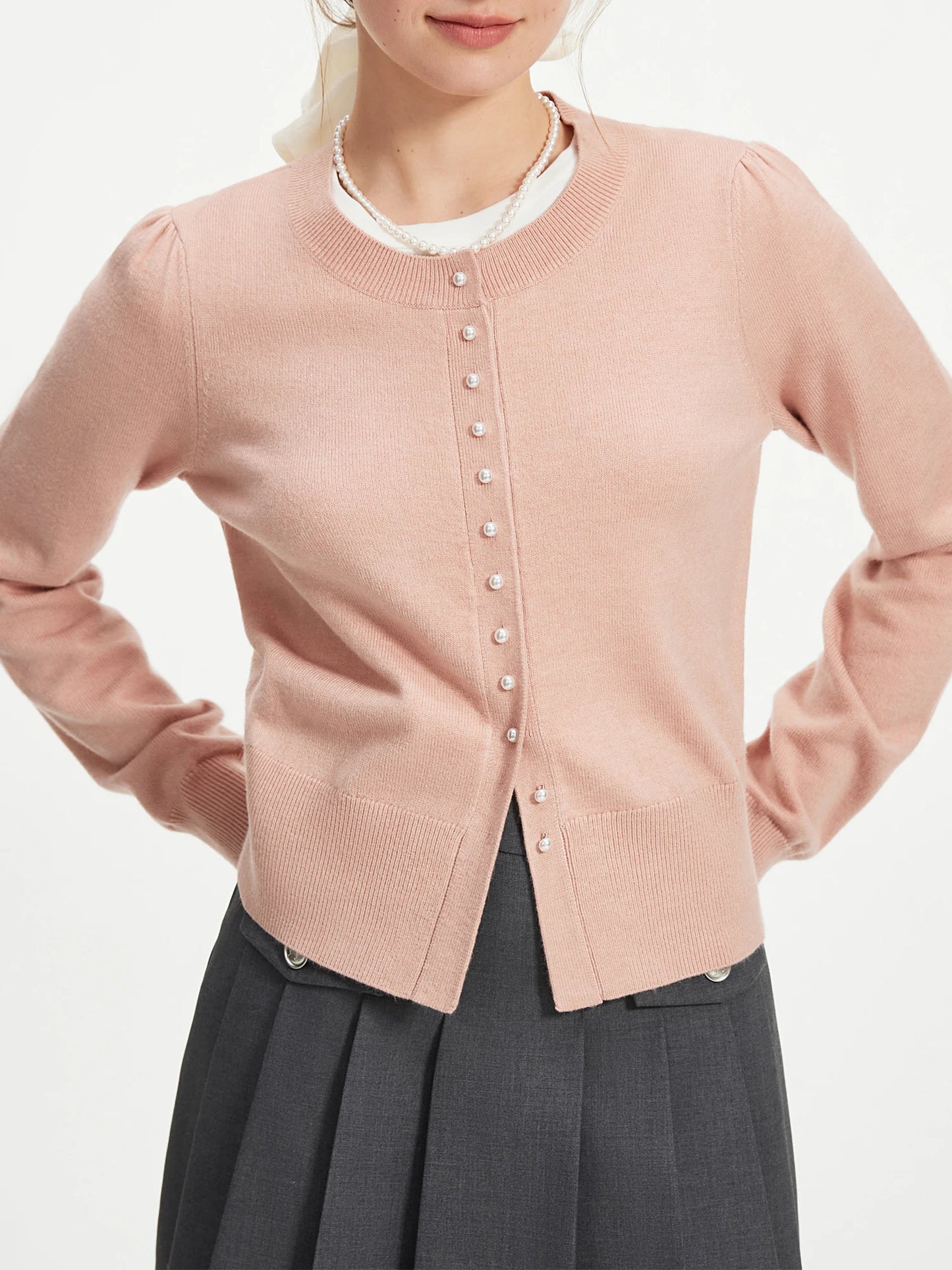 Pearl Button Long-sleeved Elegant Versatile Round Neck Cardigan