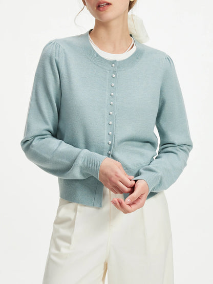 Pearl Button Long-sleeved Elegant Versatile Round Neck Cardigan