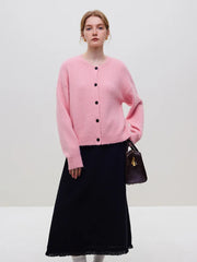Round Neck Drop Sleeve Warm Casual Contrast Color Button Cardigan