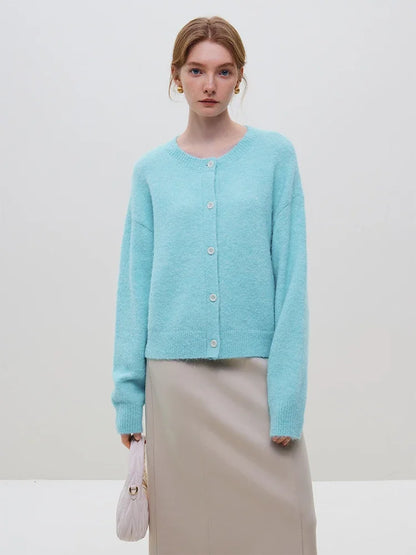 Round Neck Drop Sleeve Warm Casual Contrast Color Button Cardigan