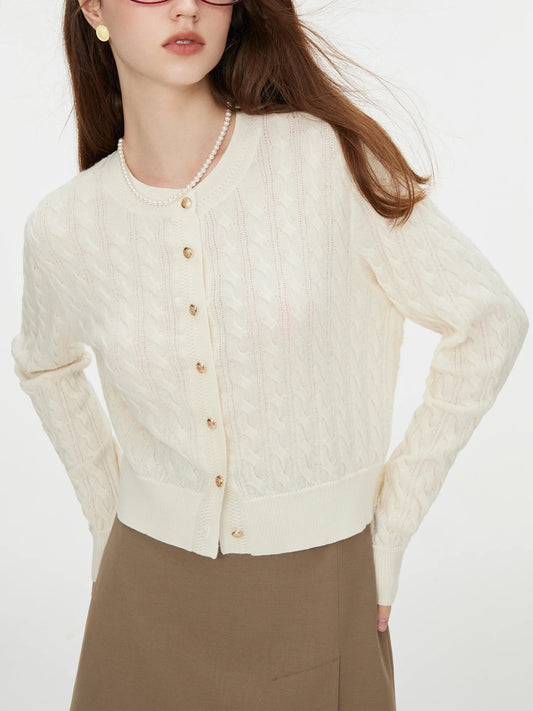 White Round Neck Wool Knitted Casual Elegant Gentle Style Cardigan