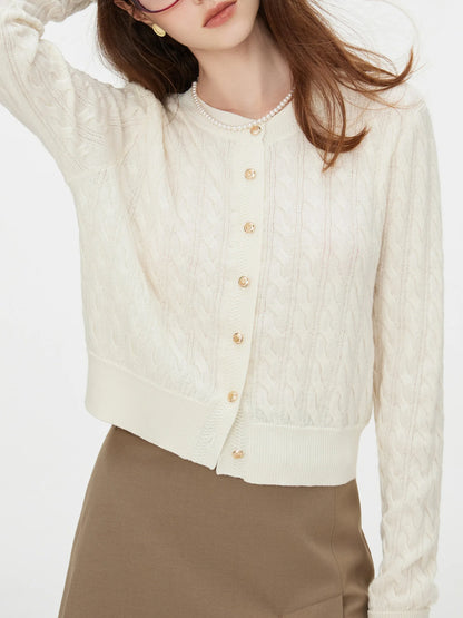 White Round Neck Wool Knitted Casual Elegant Gentle Style Cardigan