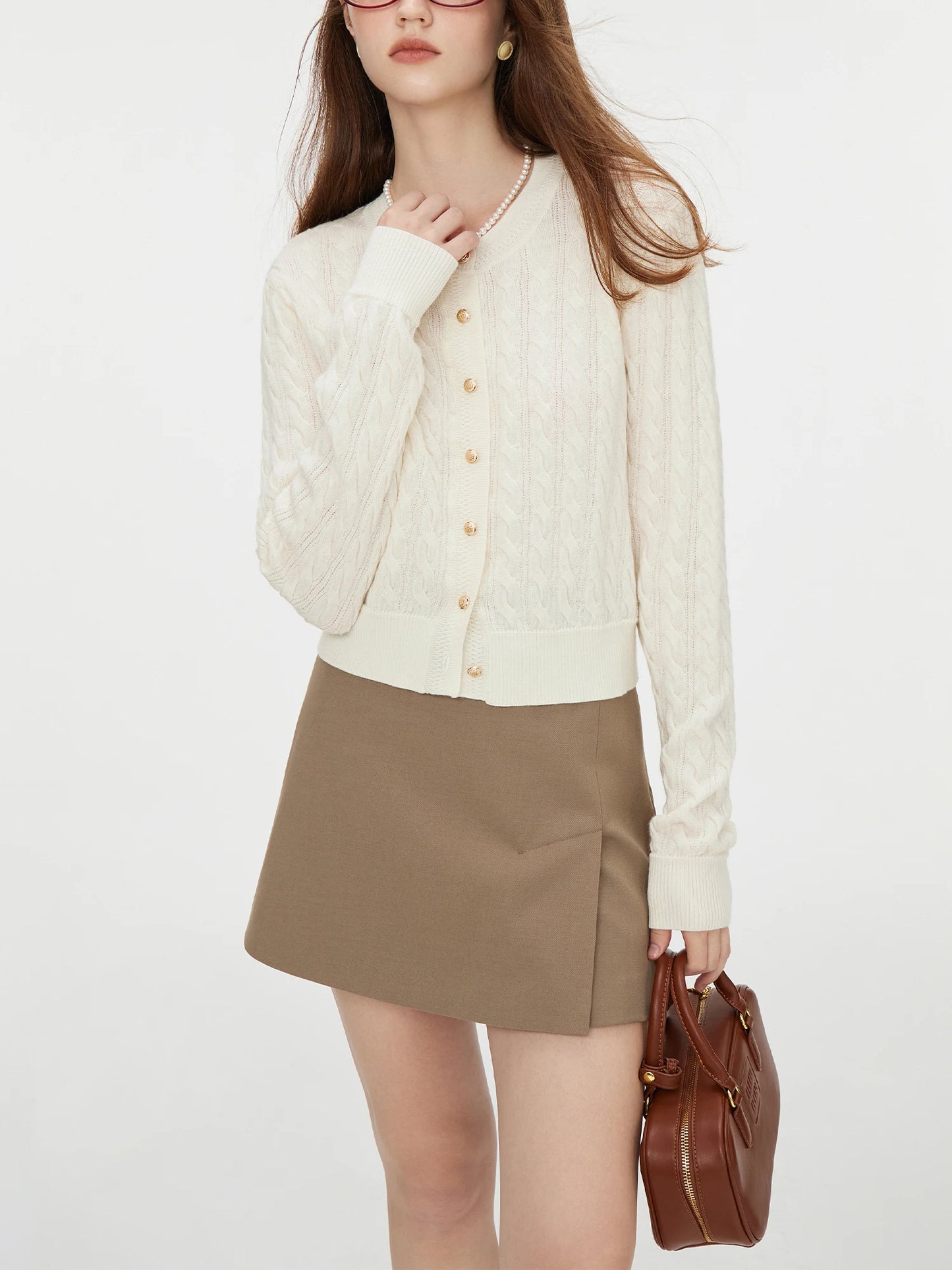 White Round Neck Wool Knitted Casual Elegant Gentle Style Cardigan