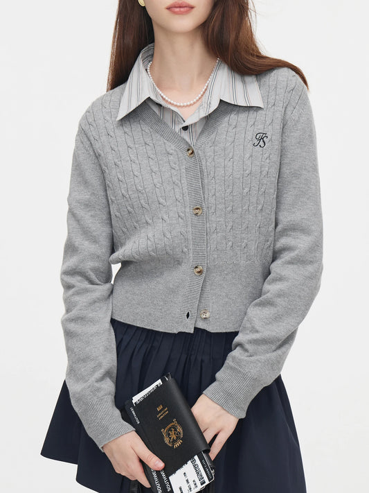 Grey V-neck Single Breasted Office Lady Short Knitted Cardigan